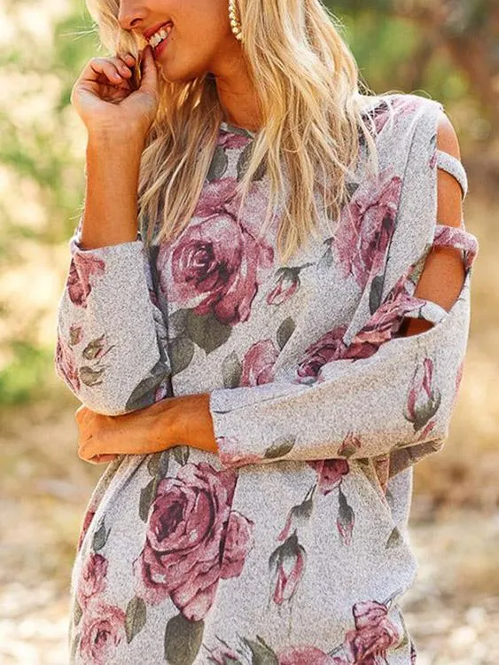 Custom Cold Shoulder Floral Print Lace-Up 3/4 Sleeve Top