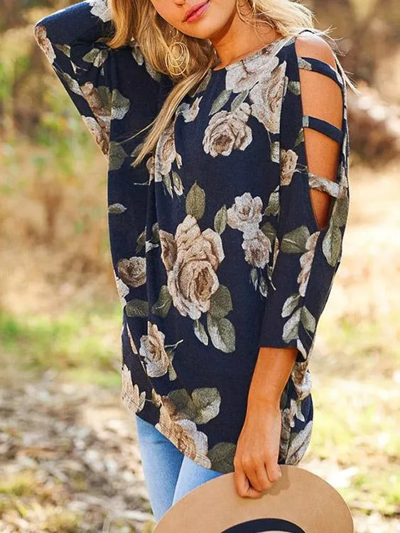 Custom Cold Shoulder Floral Print Lace-Up 3/4 Sleeve Top