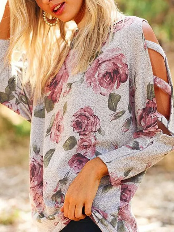 Custom Cold Shoulder Floral Print Lace-Up 3/4 Sleeve Top