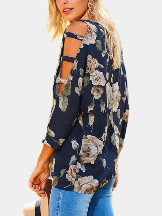 Custom Cold Shoulder Floral Print Lace-Up 3/4 Sleeve Top