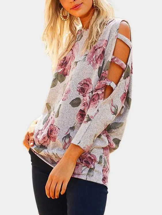 Custom Cold Shoulder Floral Print Lace-Up 3/4 Sleeve Top