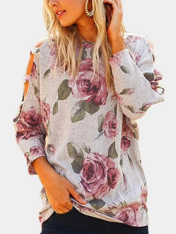 Custom Cold Shoulder Floral Print Lace-Up 3/4 Sleeve Top