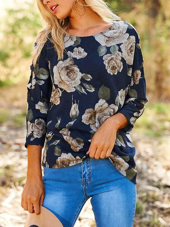 Custom Cold Shoulder Floral Print Lace-Up 3/4 Sleeve Top