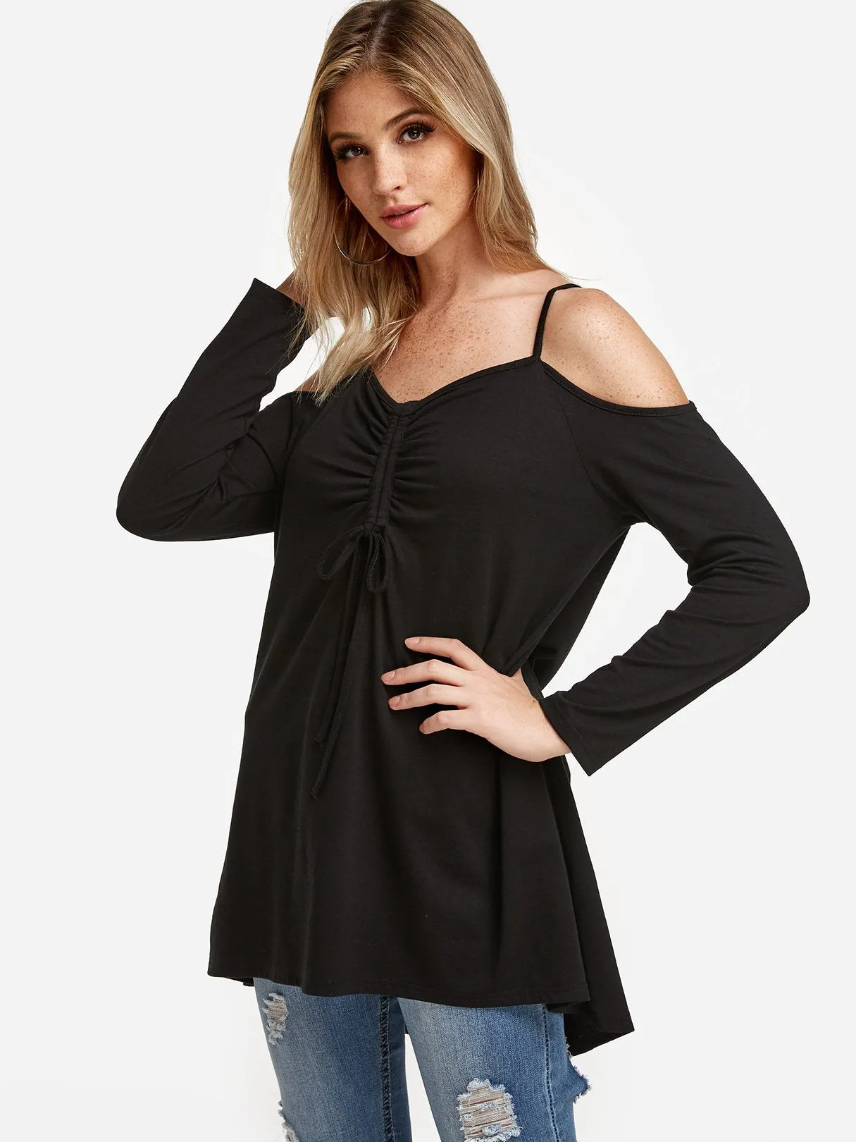 Custom Cold Shoulder Lace-Up Long Sleeve Irregular Hem Black Tee