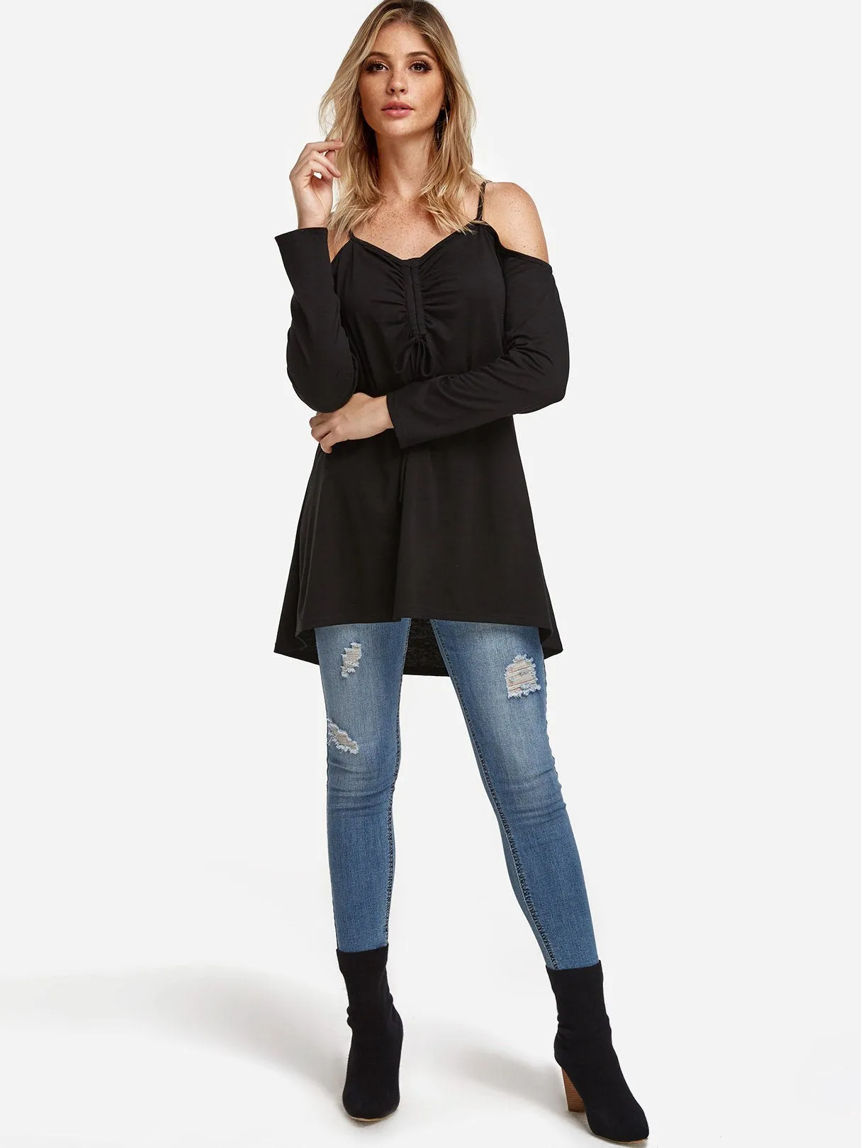 Custom Cold Shoulder Lace-Up Long Sleeve Irregular Hem Black Tee