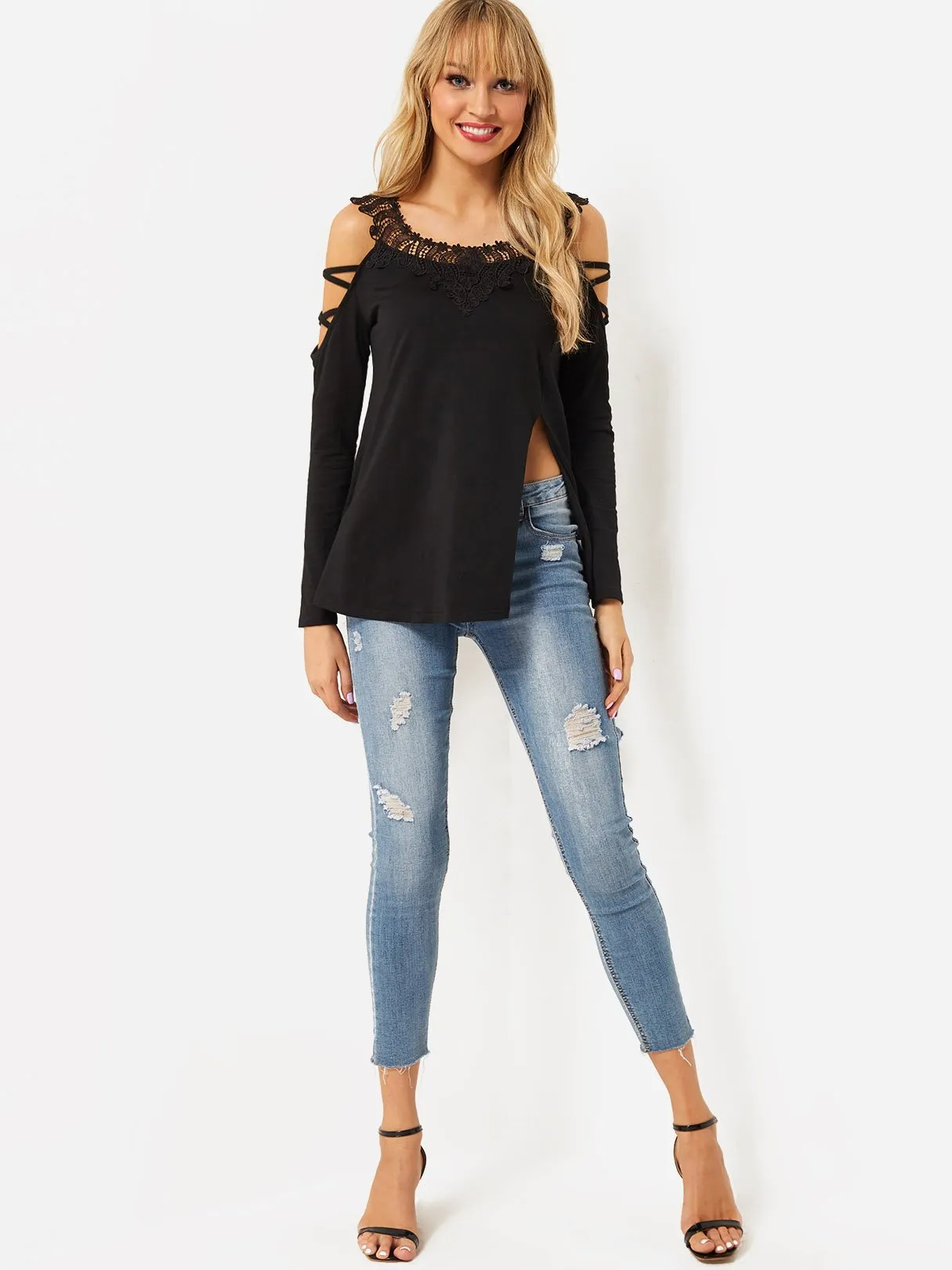 Custom Crew Neck Cold Shoulder Plain Lace Lace-Up Long Sleeve Slit Hem Black T-Shirts