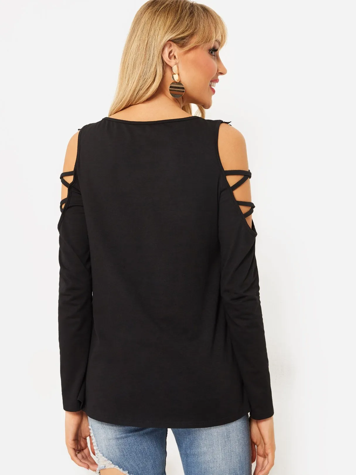 Custom Crew Neck Cold Shoulder Plain Lace Lace-Up Long Sleeve Slit Hem Black T-Shirts