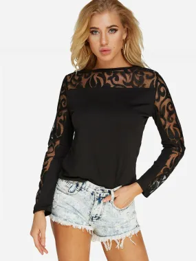 Custom Crochet Lace Embellished Long Sleeve Black T-Shirts