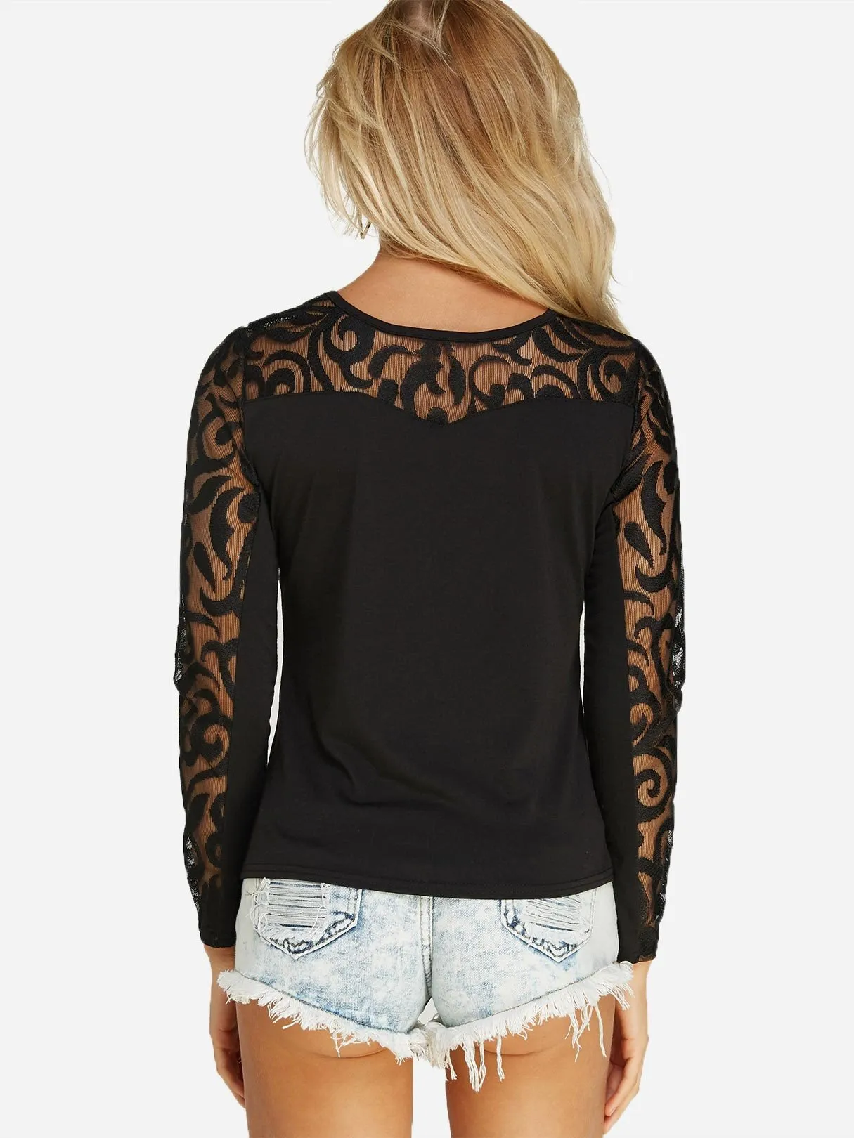 Custom Crochet Lace Embellished Long Sleeve Black T-Shirts