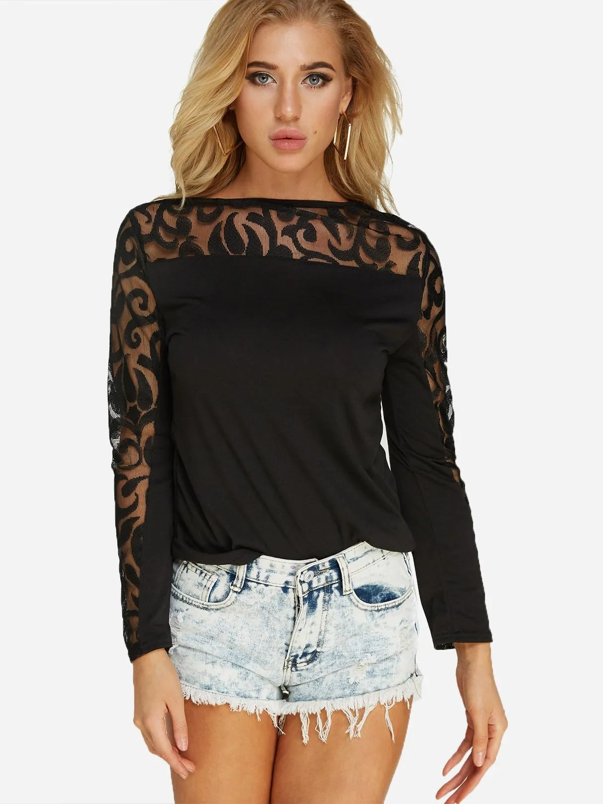 Custom Crochet Lace Embellished Long Sleeve Black T-Shirts