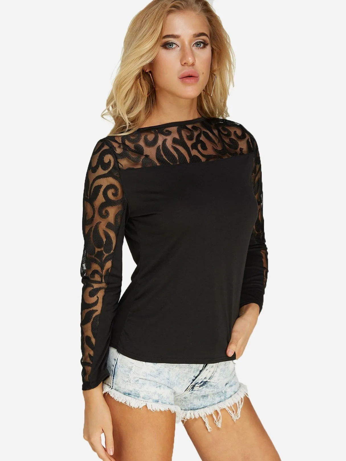 Custom Crochet Lace Embellished Long Sleeve Black T-Shirts