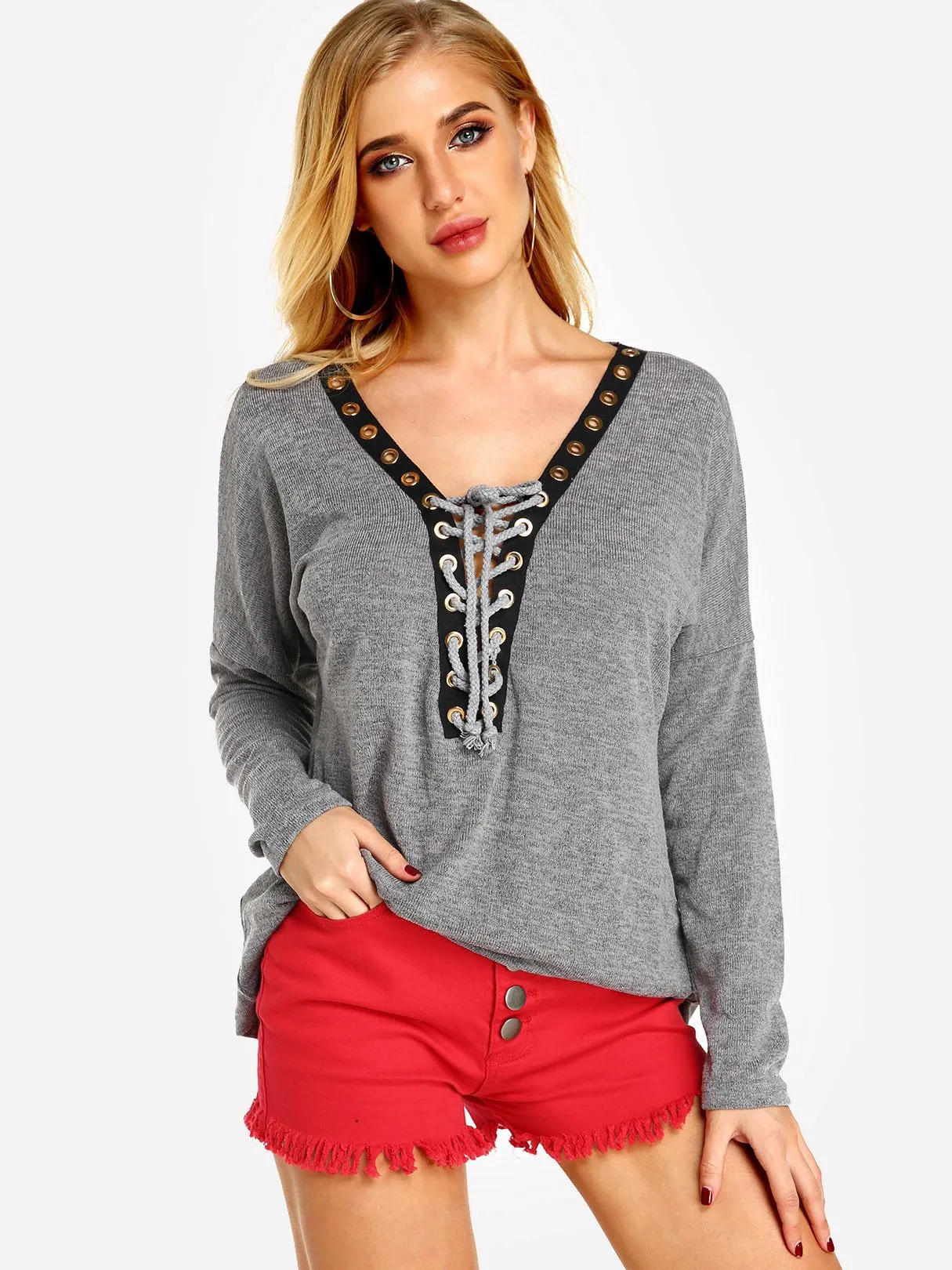 Custom Deep V-Neck Crossed Front Lace-Up Long Sleeve Grey T-Shirts