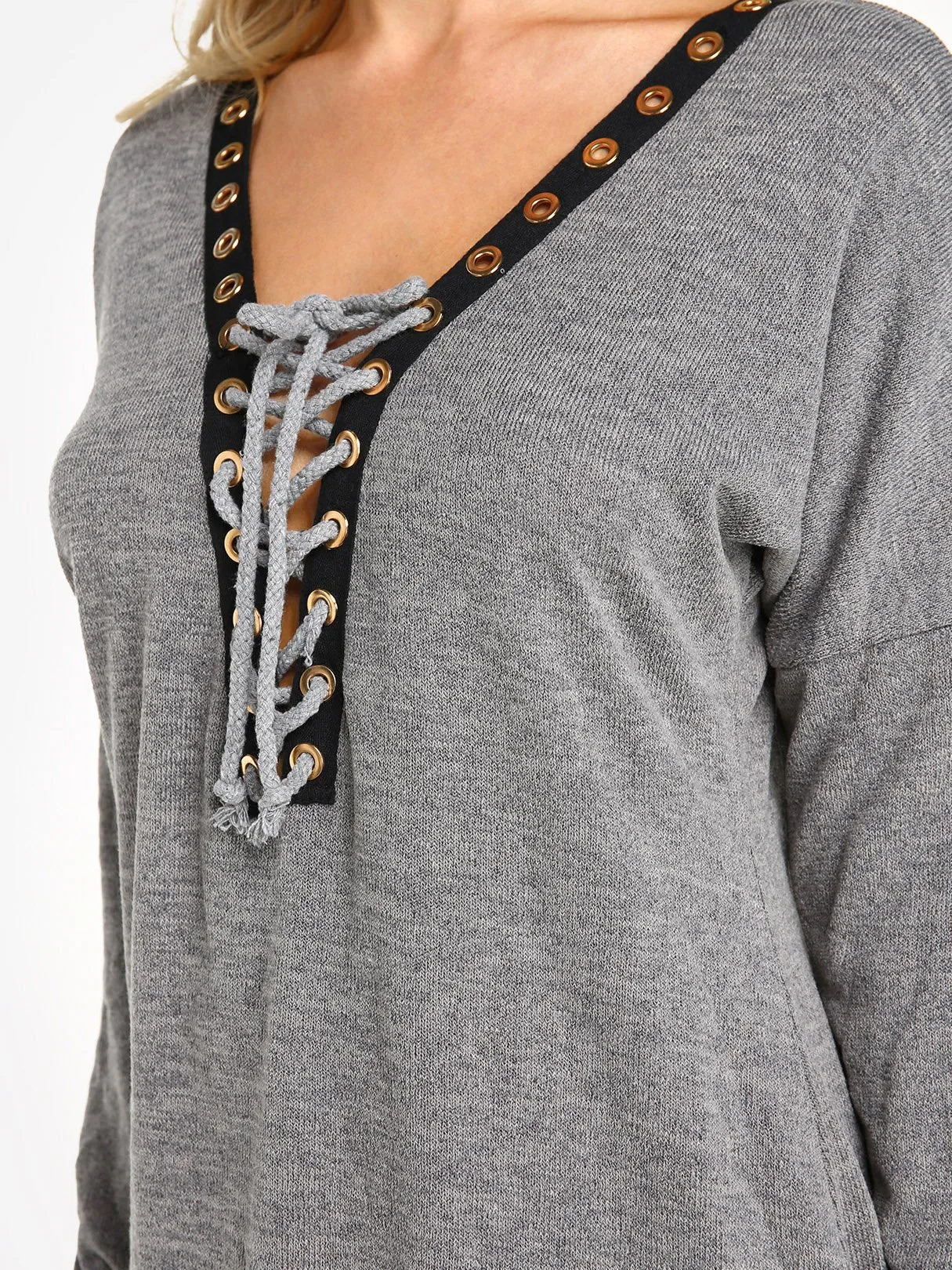 Custom Deep V-Neck Crossed Front Lace-Up Long Sleeve Grey T-Shirts