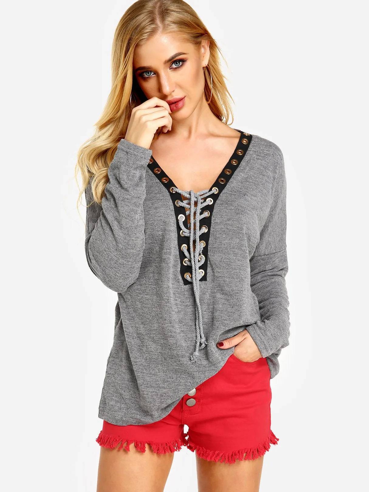 Custom Deep V-Neck Crossed Front Lace-Up Long Sleeve Grey T-Shirts