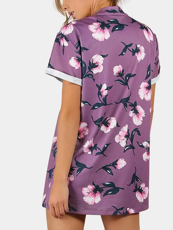 Custom Deep V Neck Floral Print Lace-Up Short Sleeve Purple T-Shirts