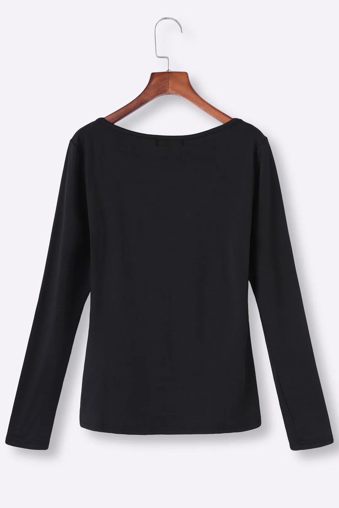 Custom Deep V Neck Plain Lace-Up Cut Out Long Sleeve Black T-Shirts