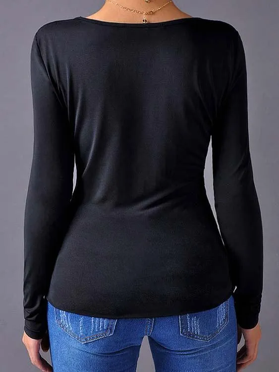 Custom Deep V Neck Plain Lace-Up Cut Out Long Sleeve Black T-Shirts