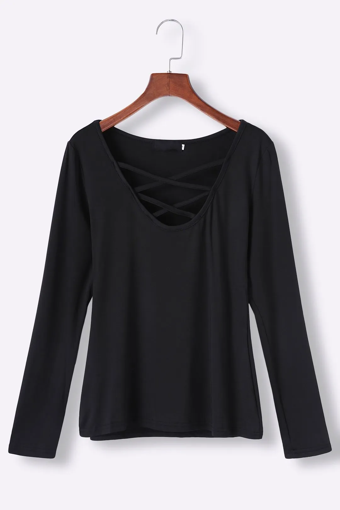 Custom Deep V Neck Plain Lace-Up Cut Out Long Sleeve Black T-Shirts