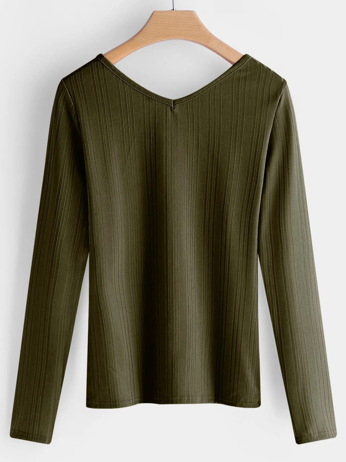 Custom Deep V-Neck Stripe Crossed Front Hollow Lace-Up Cable Knit Long Sleeve T-Shirts