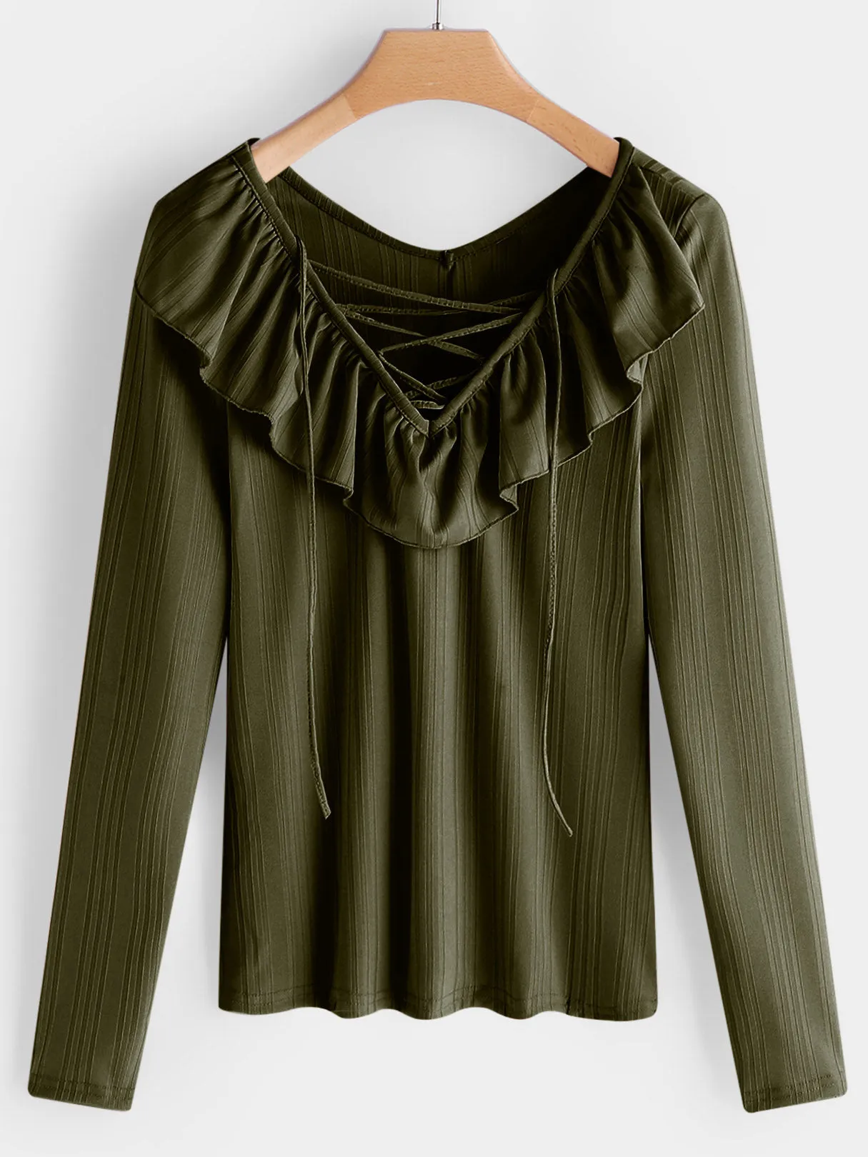 Custom Deep V-Neck Stripe Crossed Front Hollow Lace-Up Cable Knit Long Sleeve T-Shirts