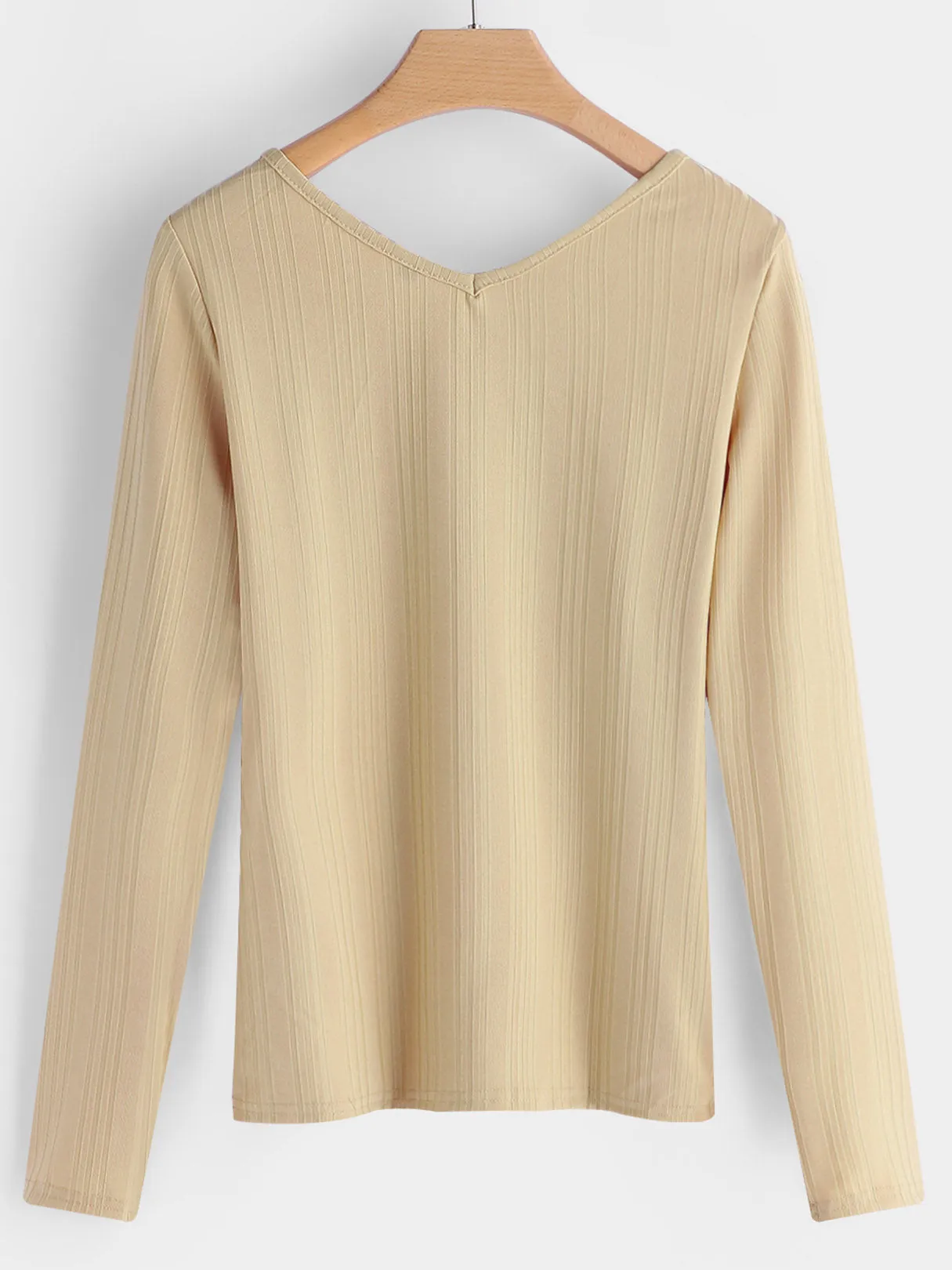 Custom Deep V-Neck Stripe Crossed Front Hollow Lace-Up Cable Knit Long Sleeve T-Shirts