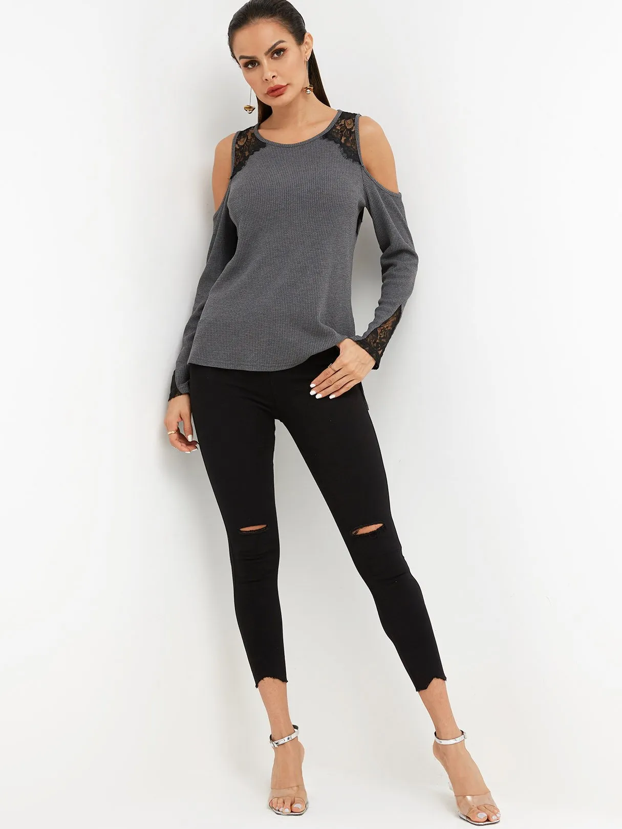 Custom Halter Lace-Up Long Sleeve Black Top