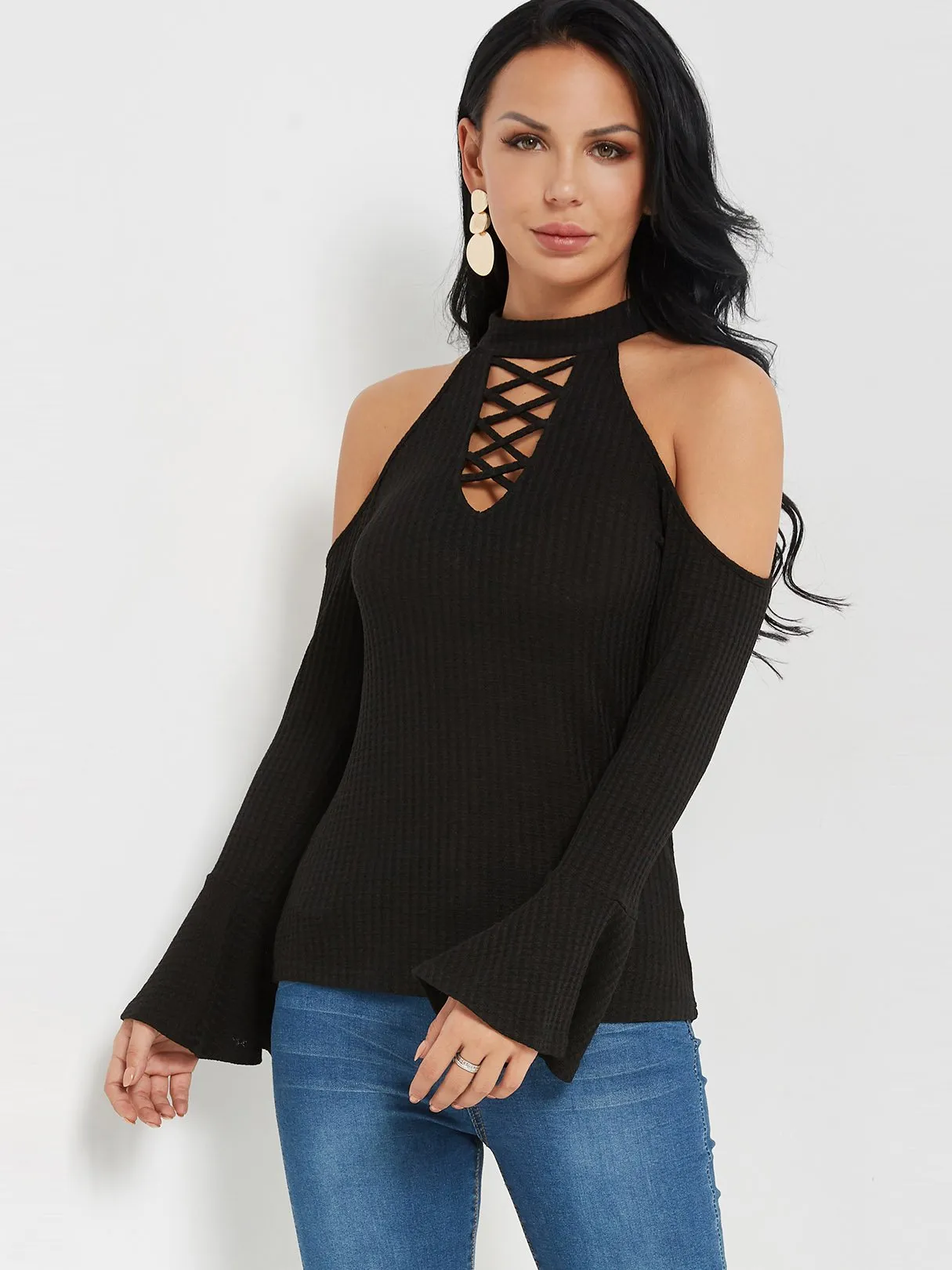 Custom Halter Lace-Up Long Sleeve Black Top