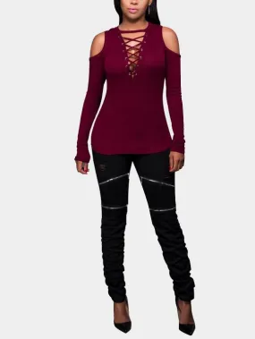 Custom Lace-Up Long Sleeve Burgundy T-Shirts