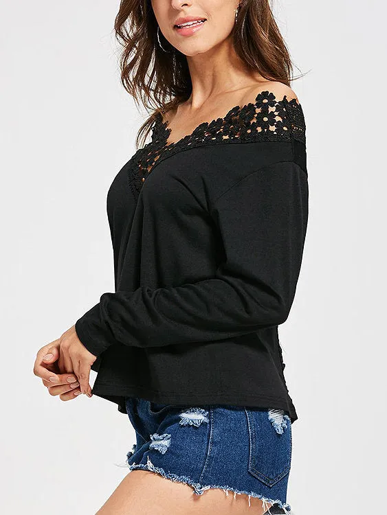 Custom Off The Shoulder Lace Lace-Up Long Sleeve Black Top