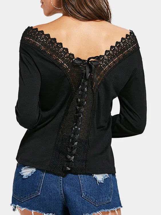 Custom Off The Shoulder Lace Lace-Up Long Sleeve Black Top