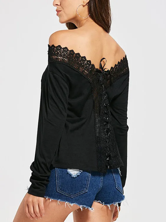 Custom Off The Shoulder Lace Lace-Up Long Sleeve Black Top