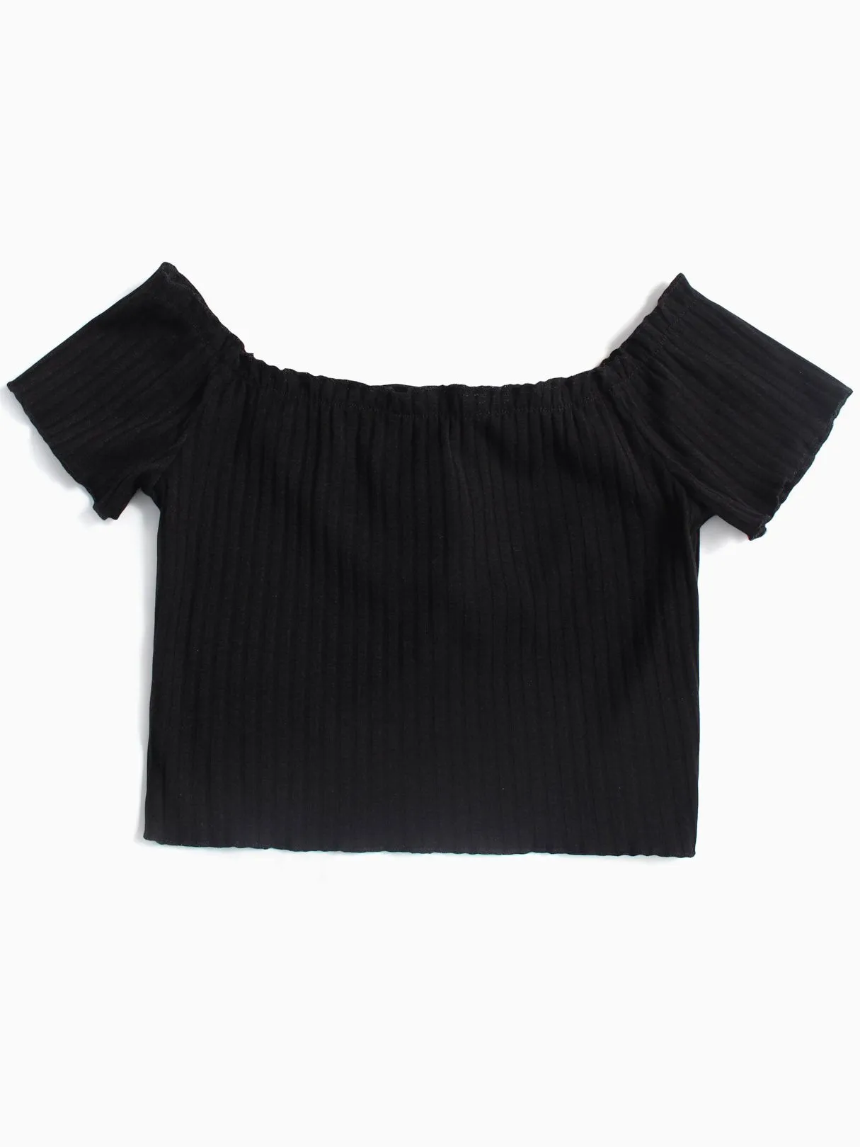 Custom Off The Shoulder Lace-Up Cable Knit Short Sleeve Black T-Shirts