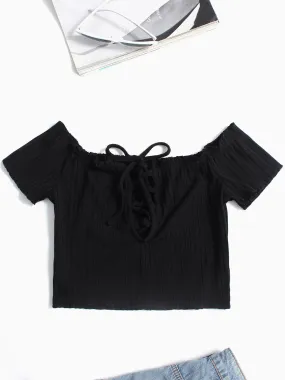 Custom Off The Shoulder Lace-Up Cable Knit Short Sleeve Black T-Shirts