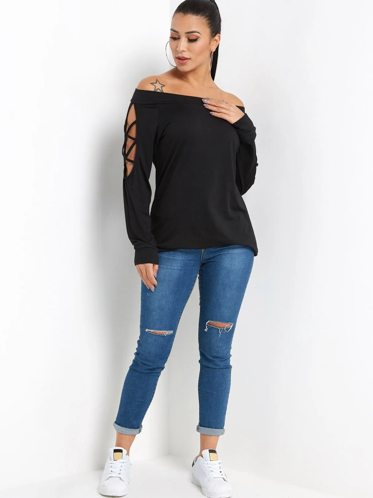 Custom Off The Shoulder Plain Hollow Lace-Up Long Sleeve Black T-Shirts