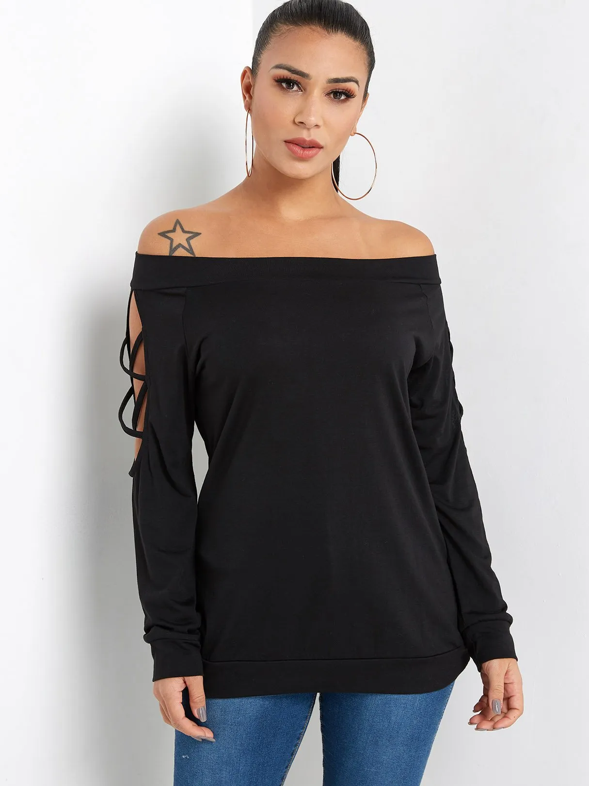 Custom Off The Shoulder Plain Hollow Lace-Up Long Sleeve Black T-Shirts