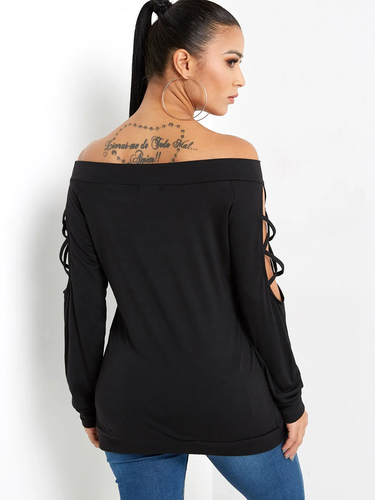 Custom Off The Shoulder Plain Hollow Lace-Up Long Sleeve Black T-Shirts