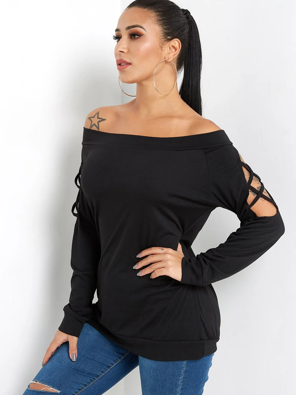 Custom Off The Shoulder Plain Hollow Lace-Up Long Sleeve Black T-Shirts