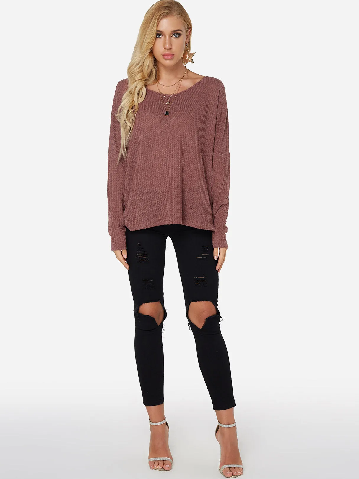 Custom Round Neck Backless Lace-Up Long Sleeve Rust T-Shirts