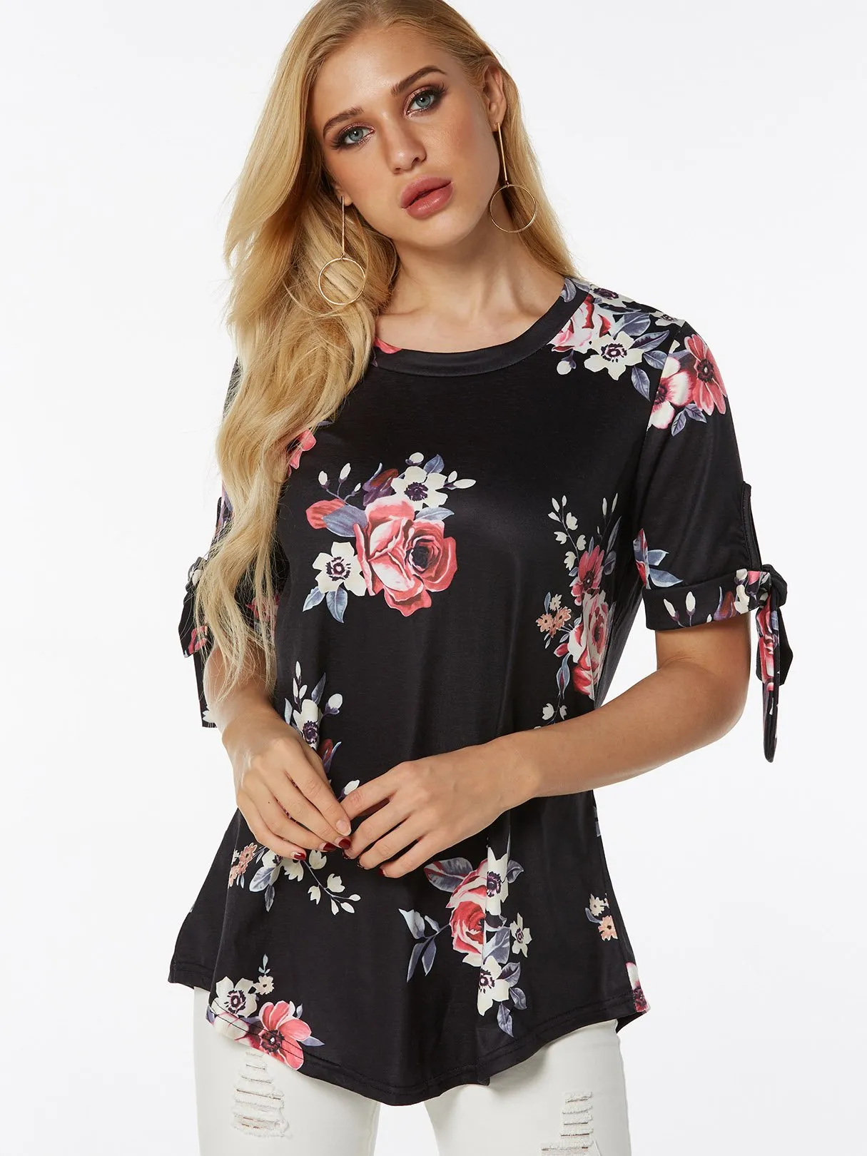 Custom Round Neck Floral Print Lace-Up Self-Tie Short Sleeve T-Shirts