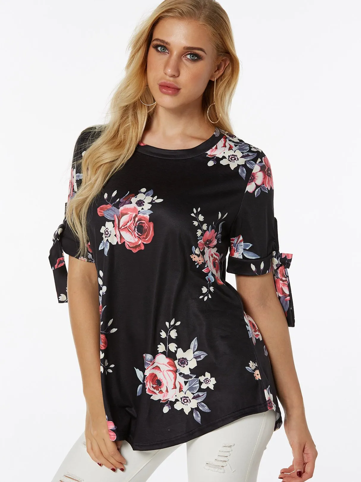 Custom Round Neck Floral Print Lace-Up Self-Tie Short Sleeve T-Shirts