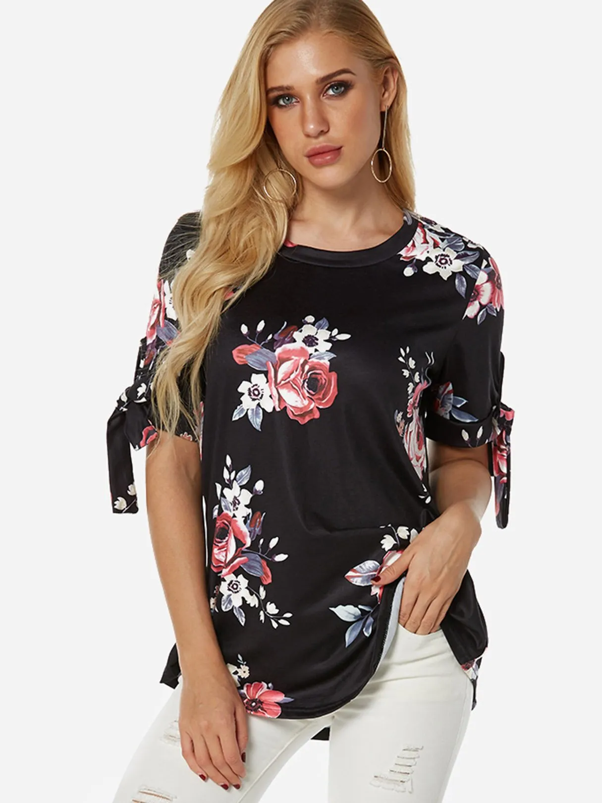 Custom Round Neck Floral Print Lace-Up Self-Tie Short Sleeve T-Shirts