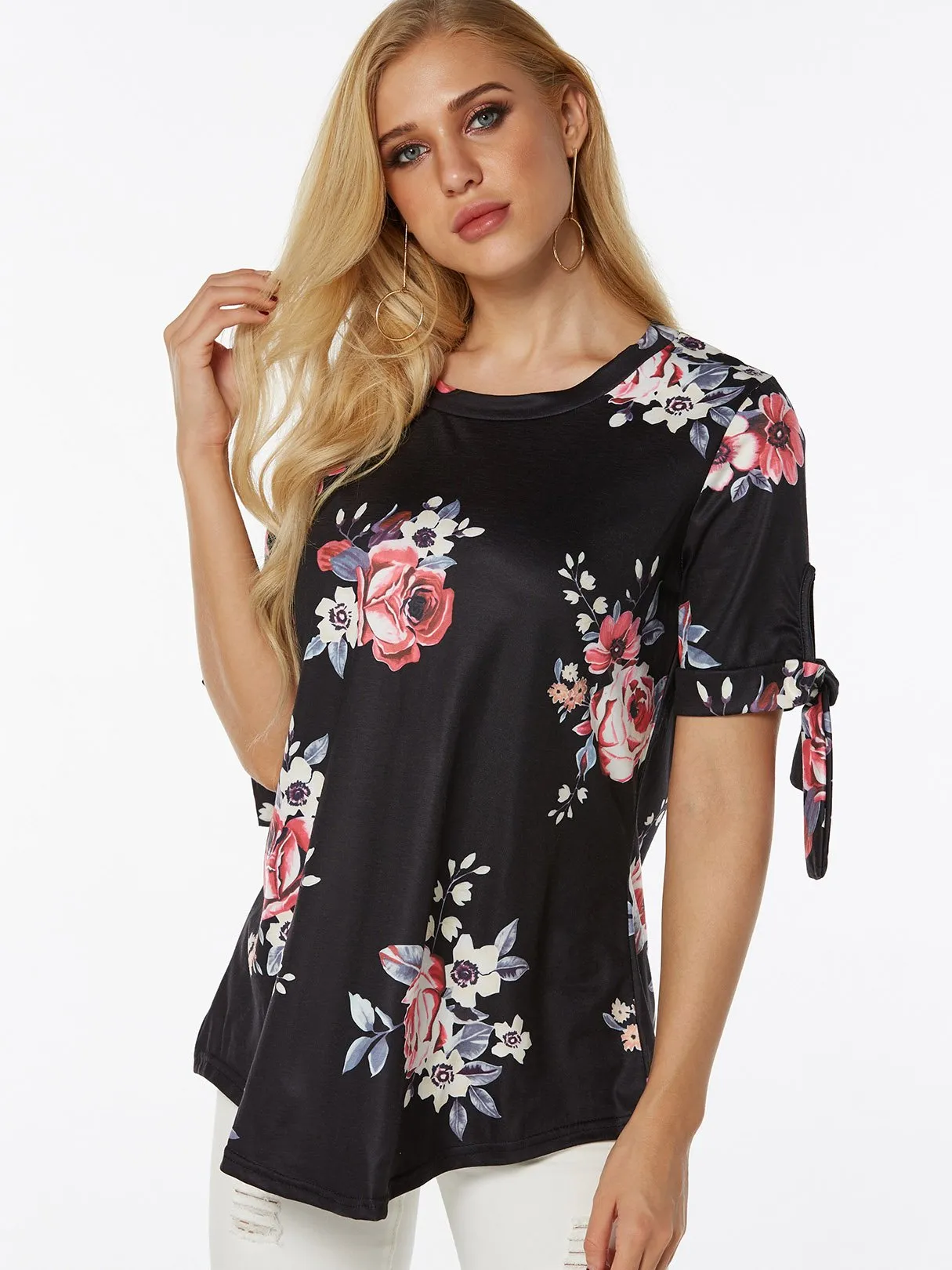 Custom Round Neck Floral Print Lace-Up Self-Tie Short Sleeve T-Shirts