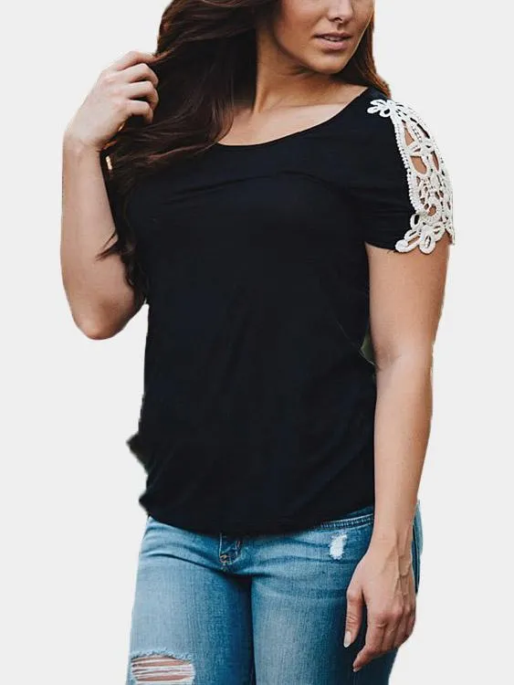 Custom Round Neck Lace Short Sleeve Black T-Shirt