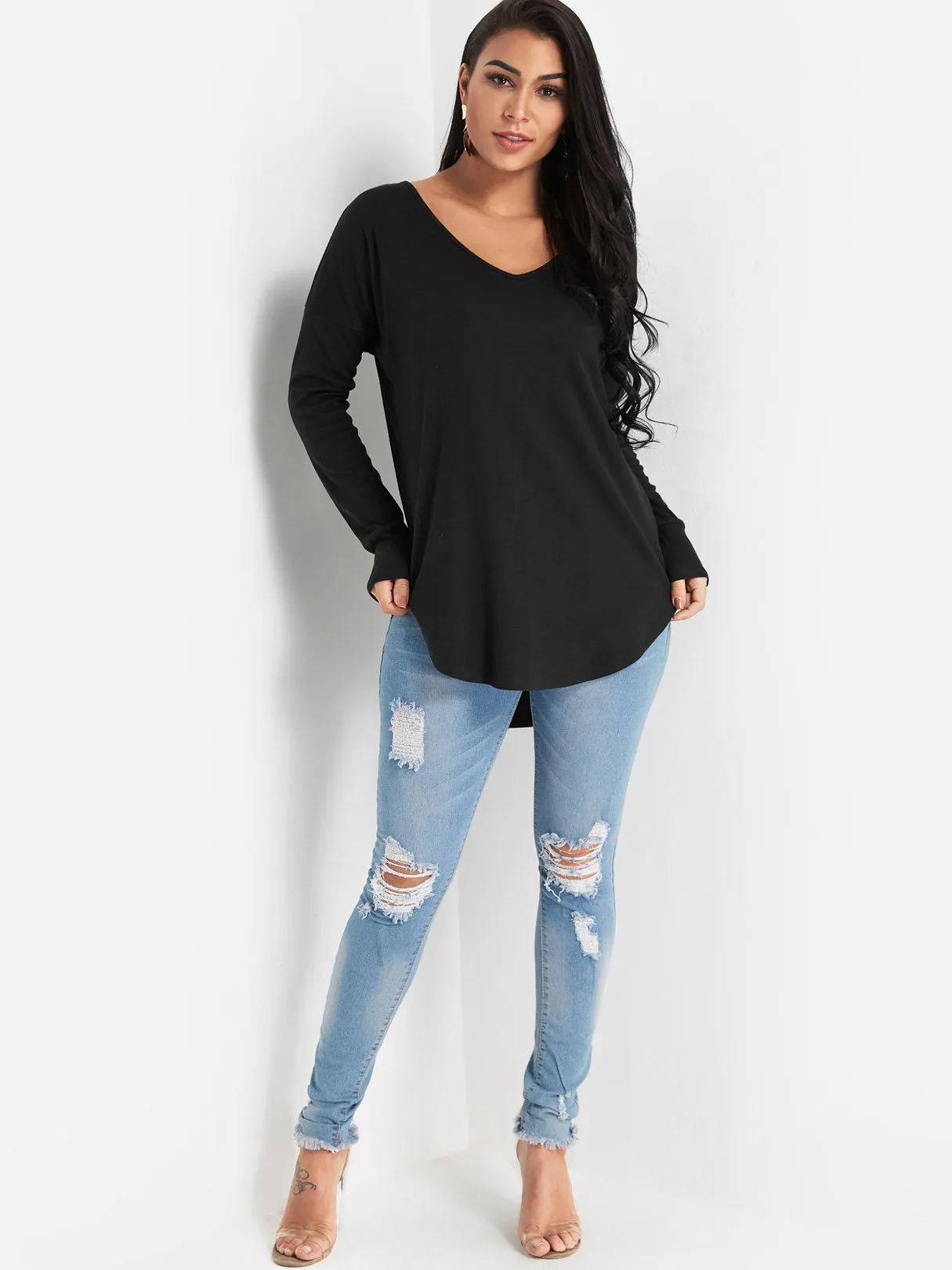 Custom Round Neck Plain Backless Lace-Up Long Sleeve Curved Hem Black Top