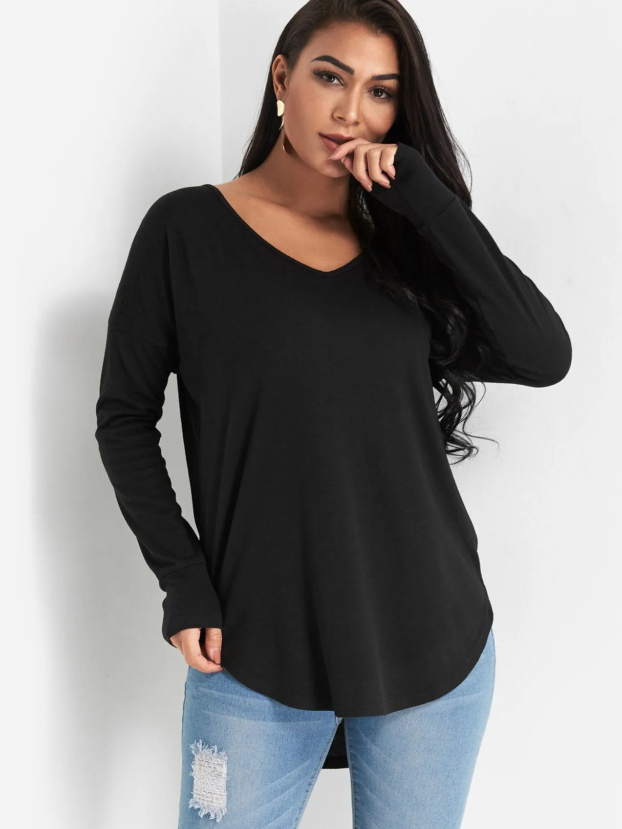 Custom Round Neck Plain Backless Lace-Up Long Sleeve Curved Hem Black Top