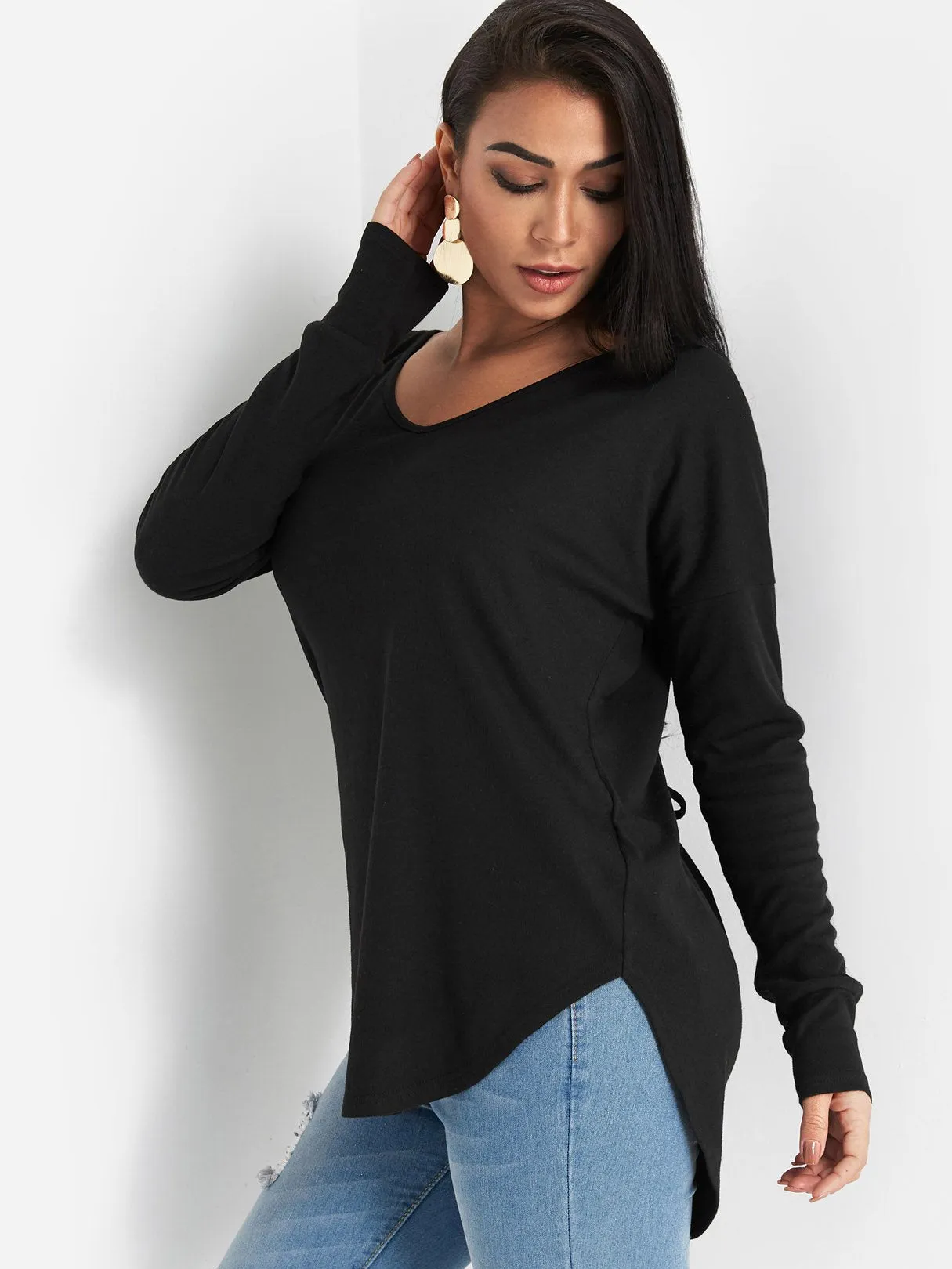 Custom Round Neck Plain Backless Lace-Up Long Sleeve Curved Hem Black Top