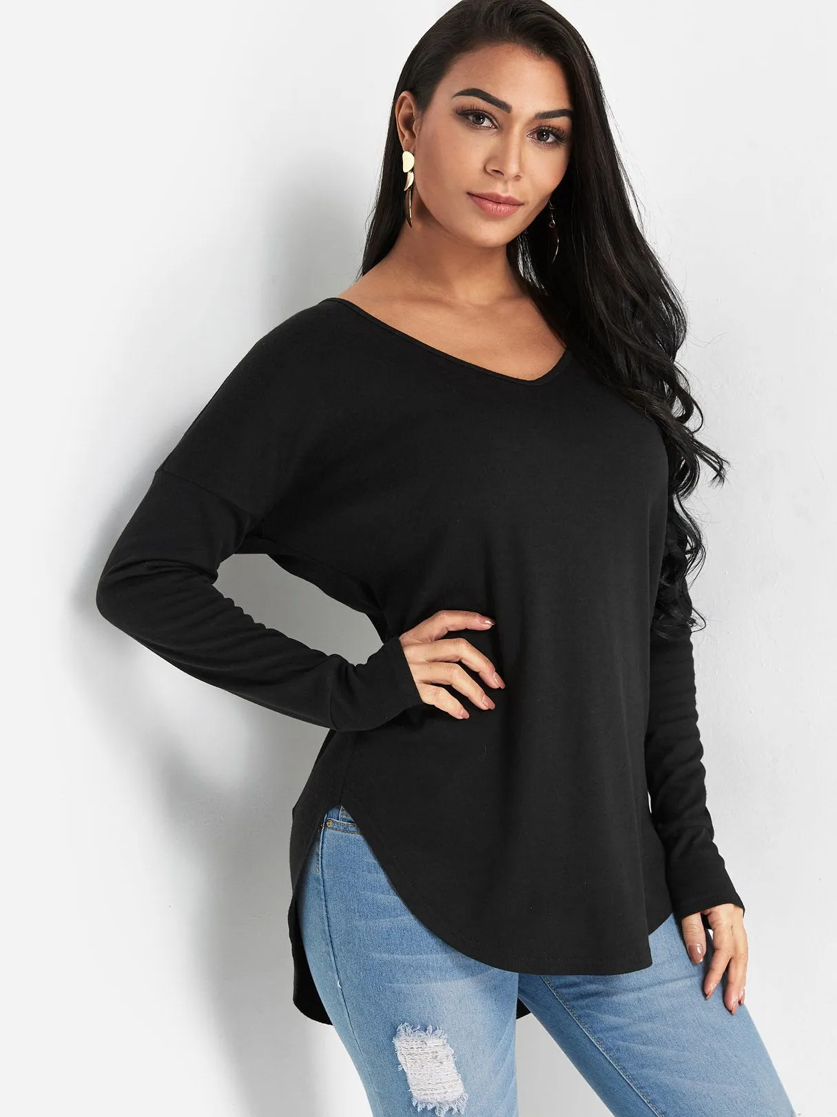 Custom Round Neck Plain Backless Lace-Up Long Sleeve Curved Hem Black Top