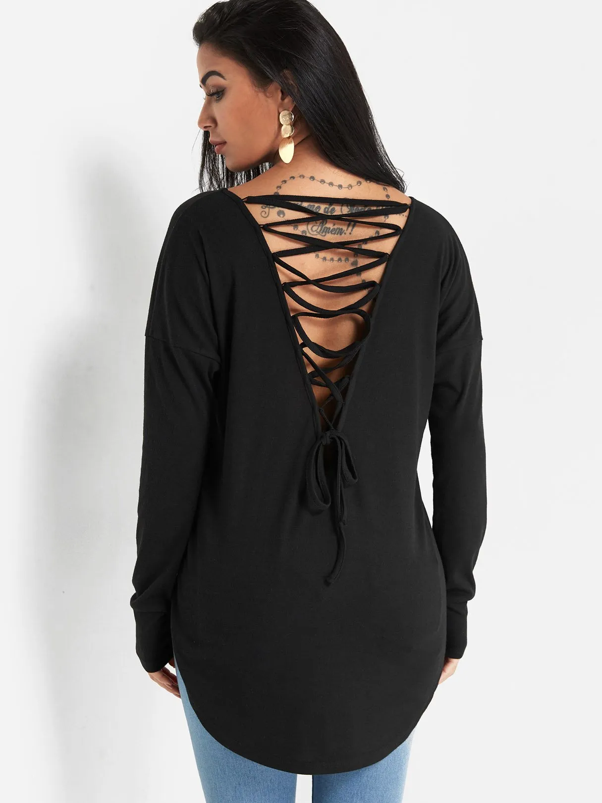 Custom Round Neck Plain Backless Lace-Up Long Sleeve Curved Hem Black Top