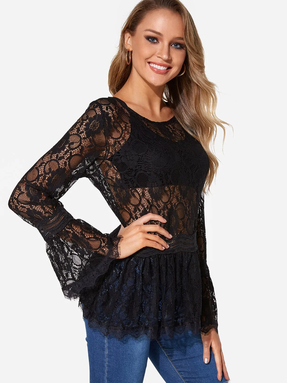 Custom Round Neck Plain Lace Long Sleeve Fashion Tee