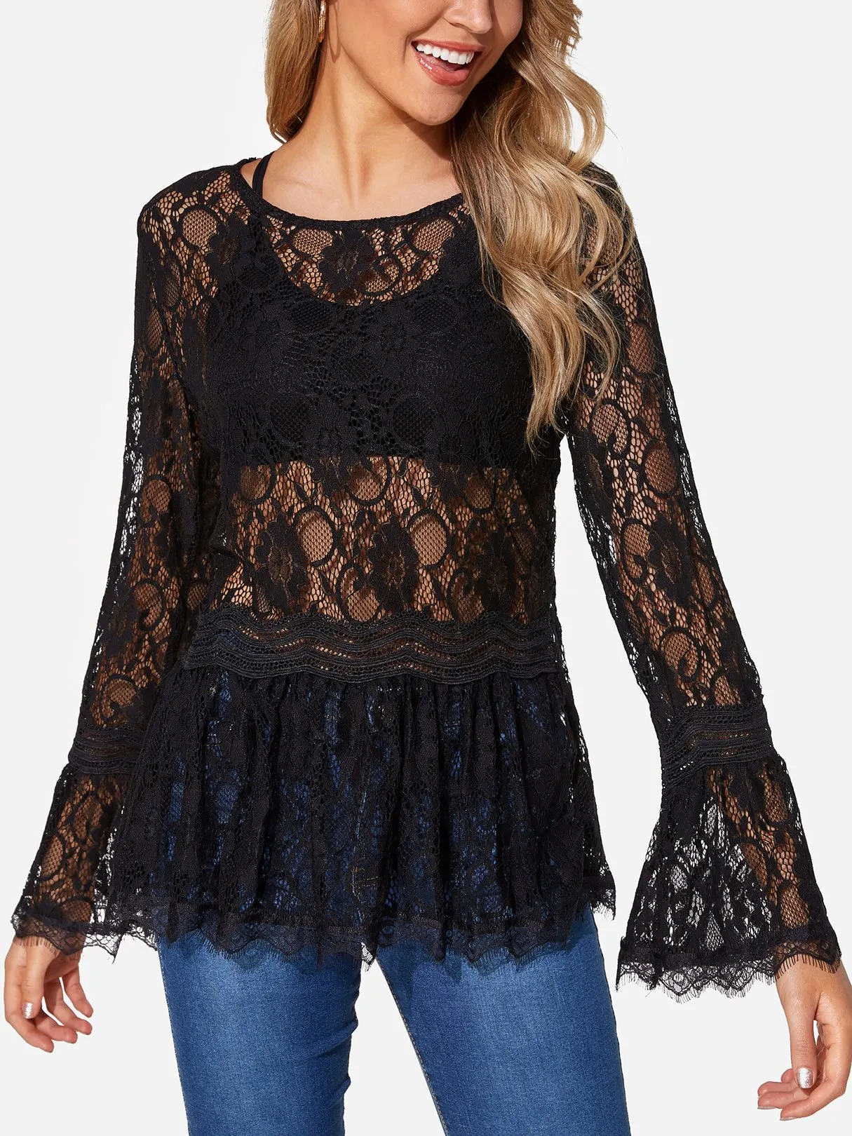 Custom Round Neck Plain Lace Long Sleeve Fashion Tee